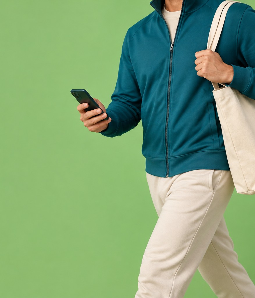 Person in a petrol jacket walking briskly with a phone and tote bag