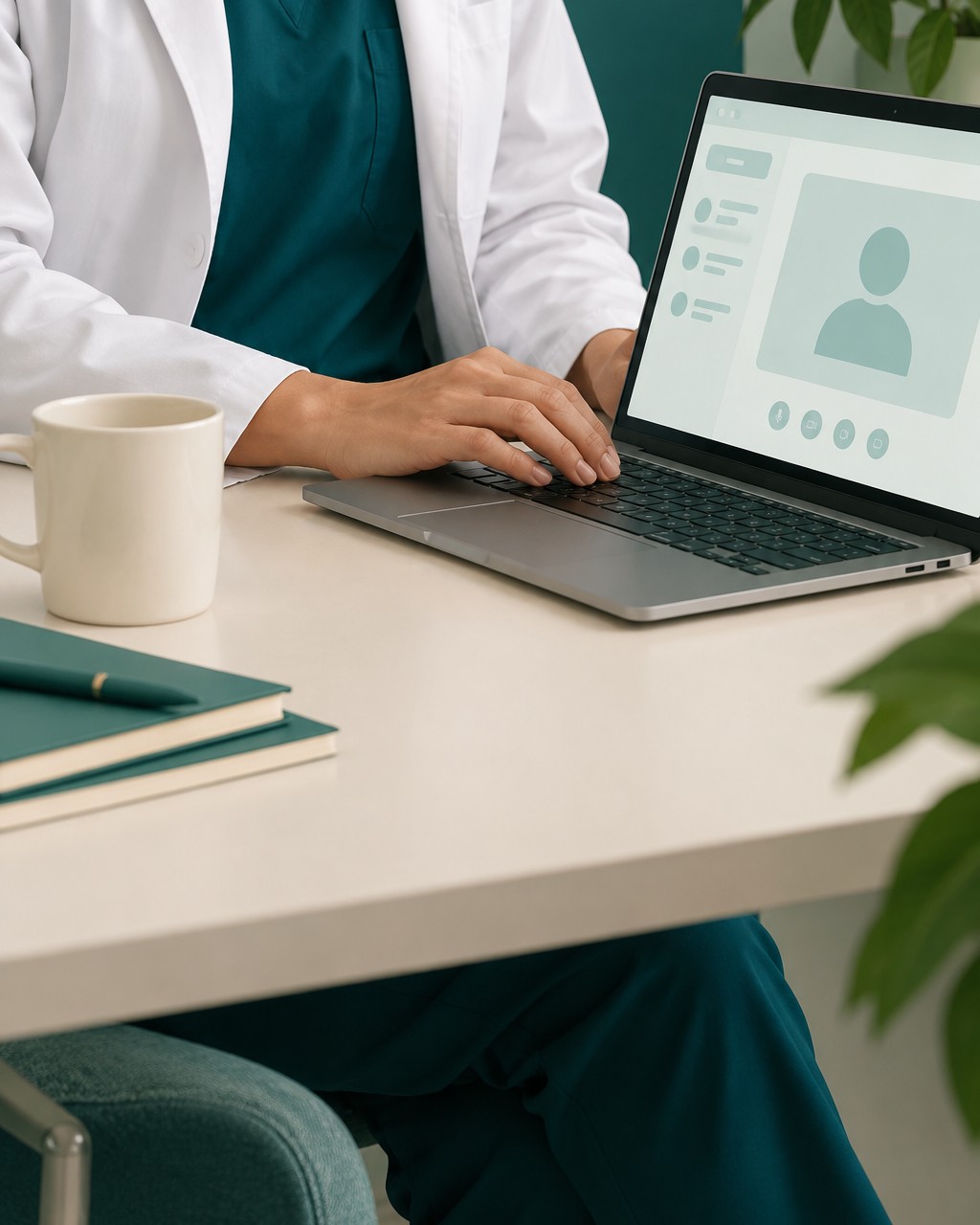 Clinician in teal scrubs typing on a laptop during an online visit