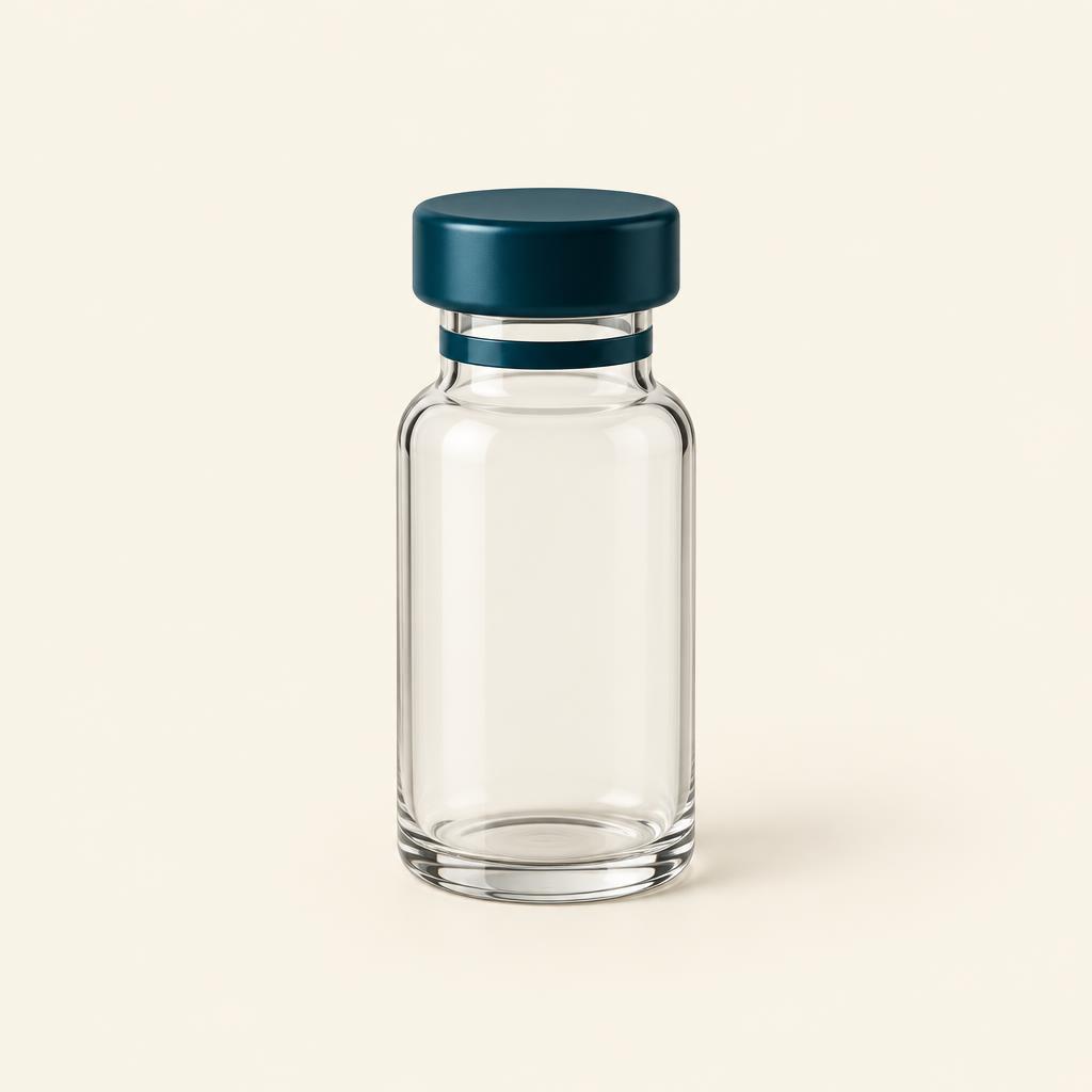 Plain glass vial with a midnight teal cap on a cream background