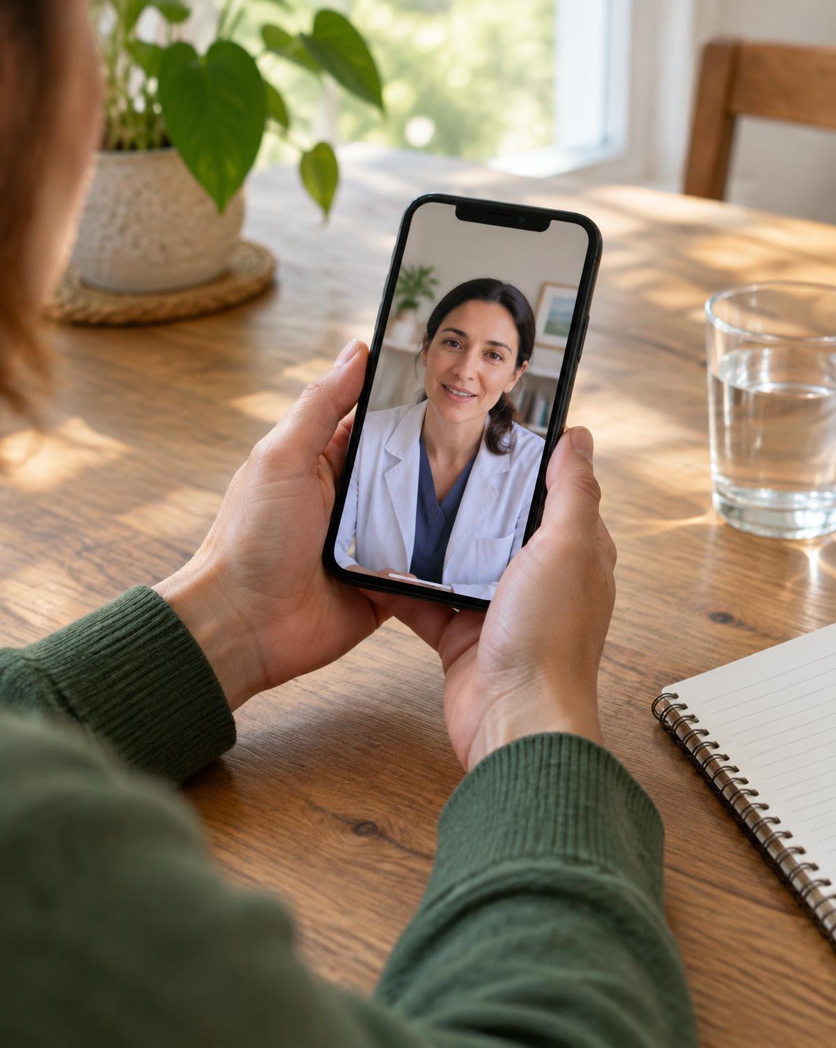 Hands in a green sleeve holding a phone on a video visit with a clinician in a white coat, beside a notebook and a glass of water