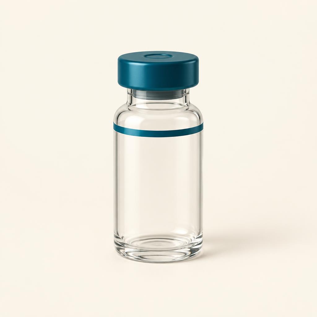 Plain glass vial with a petrol blue cap on a cream background