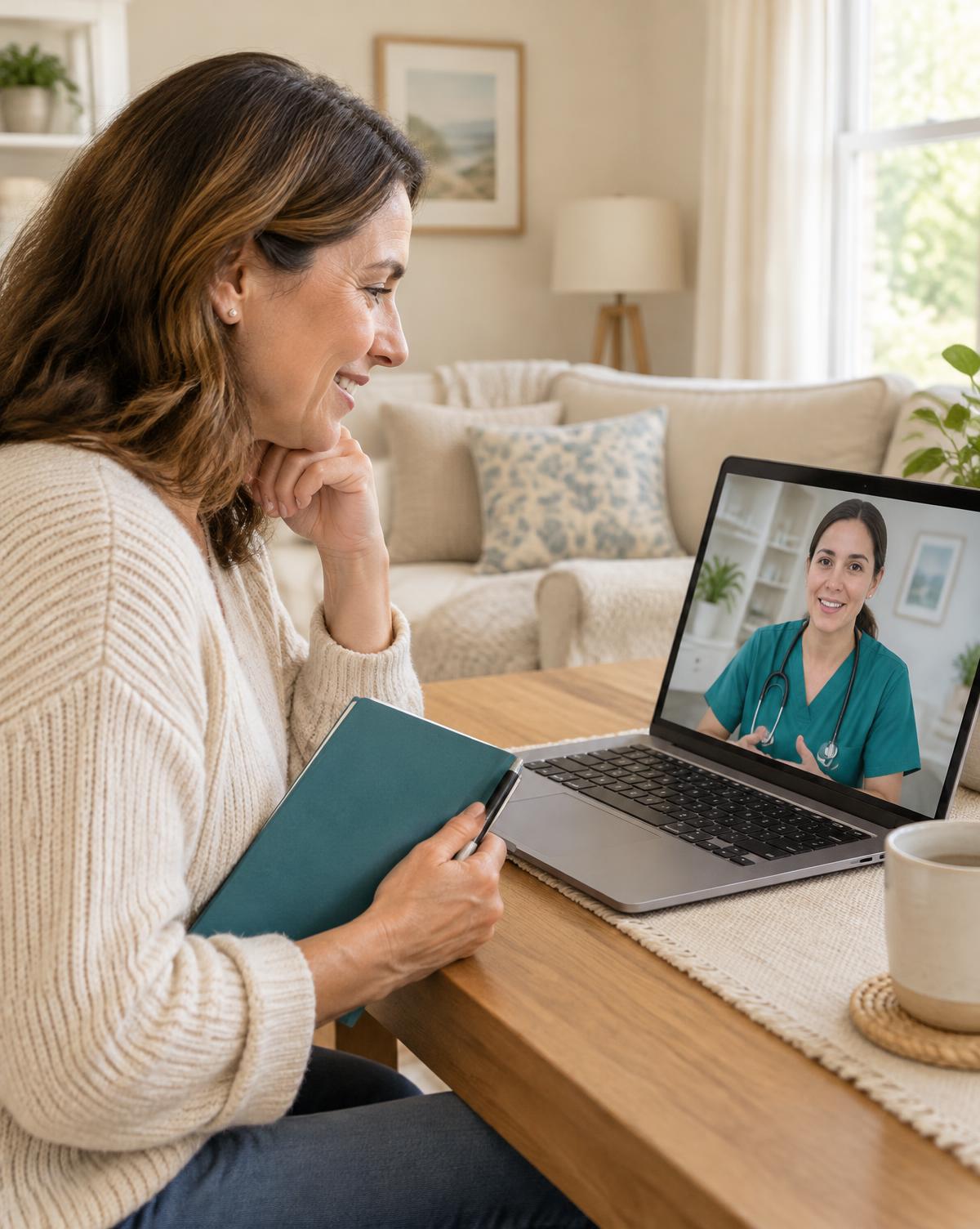 Woman in a cream sweater holding a teal notebook while smiling at a laptop video visit with a clinician in teal scrubs