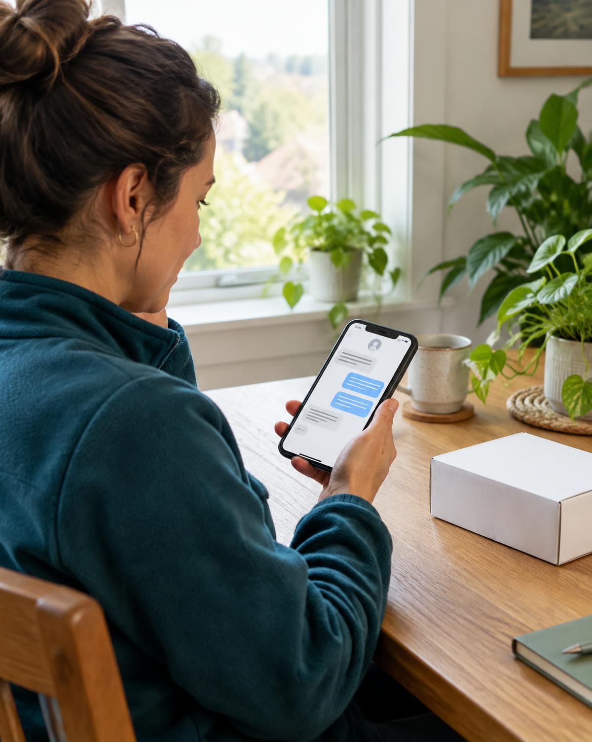 Person in a petrol fleece reading messages from their care team on a phone, with a plain white box on the table